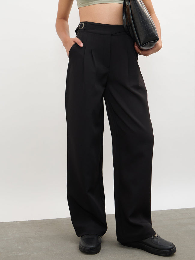 Women Black Double Waist Adjuster Korean Pants