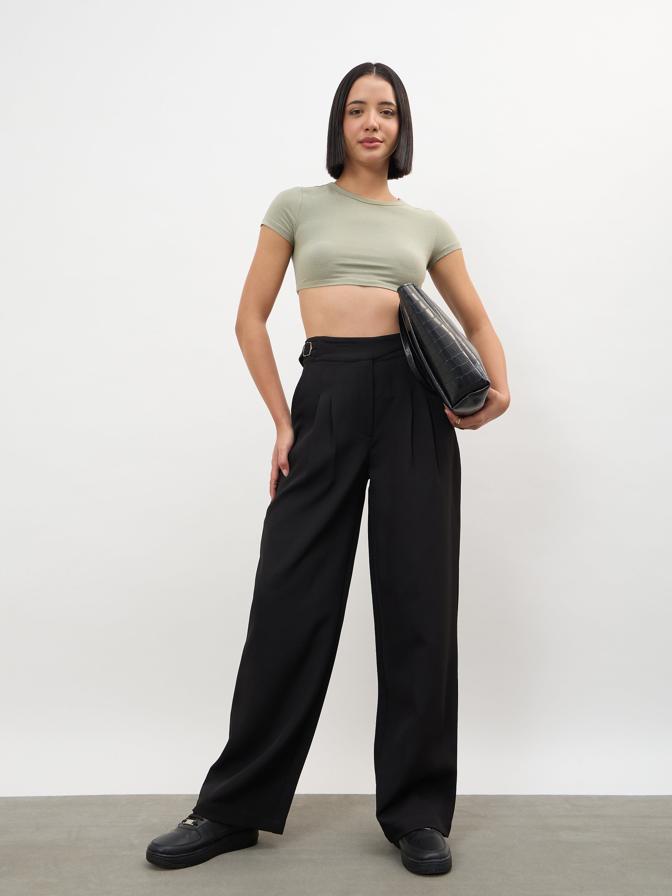 Women Black Double Waist Adjuster Korean Pants
