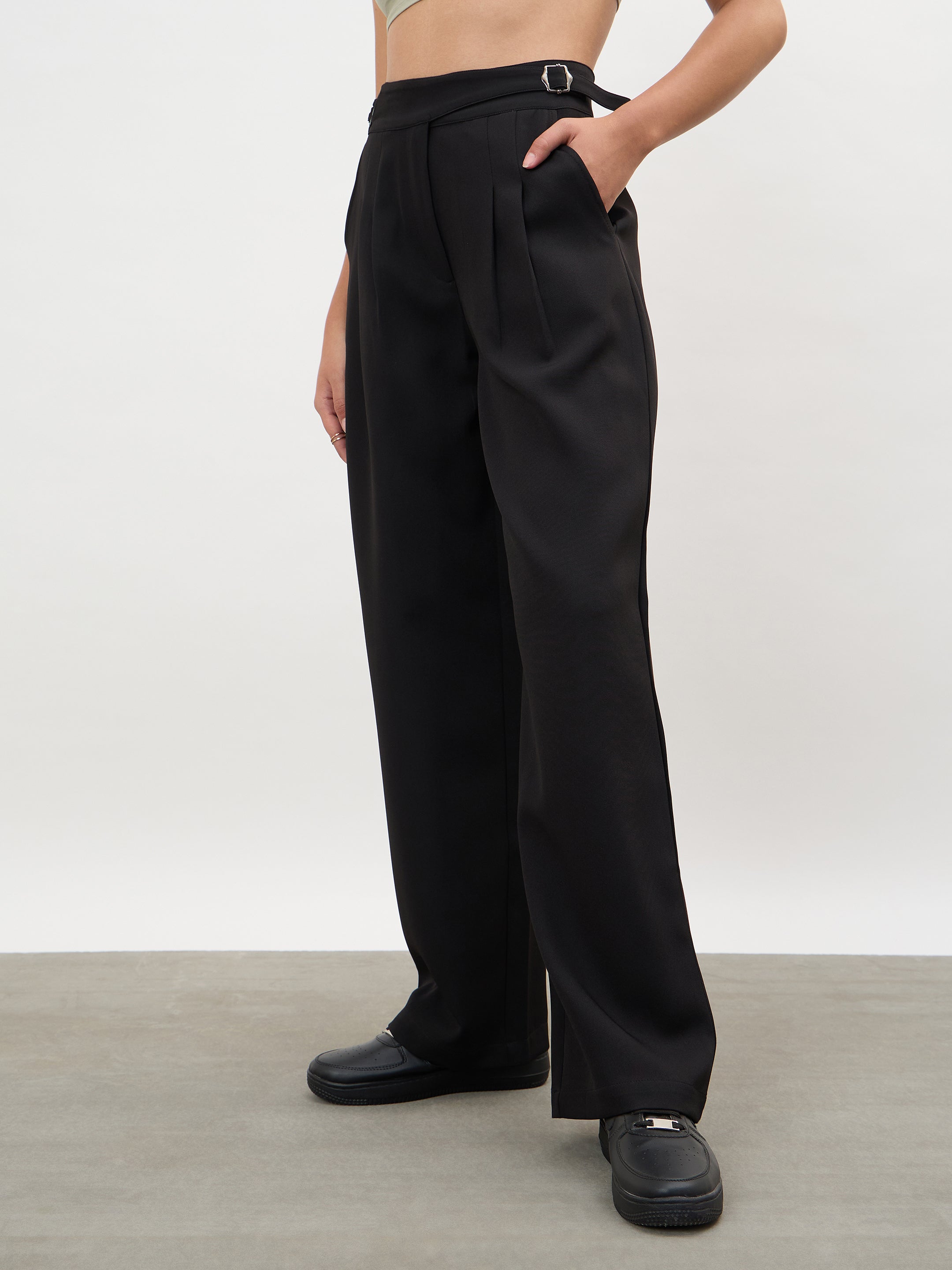 Women Black Double Waist Adjuster Korean Pants