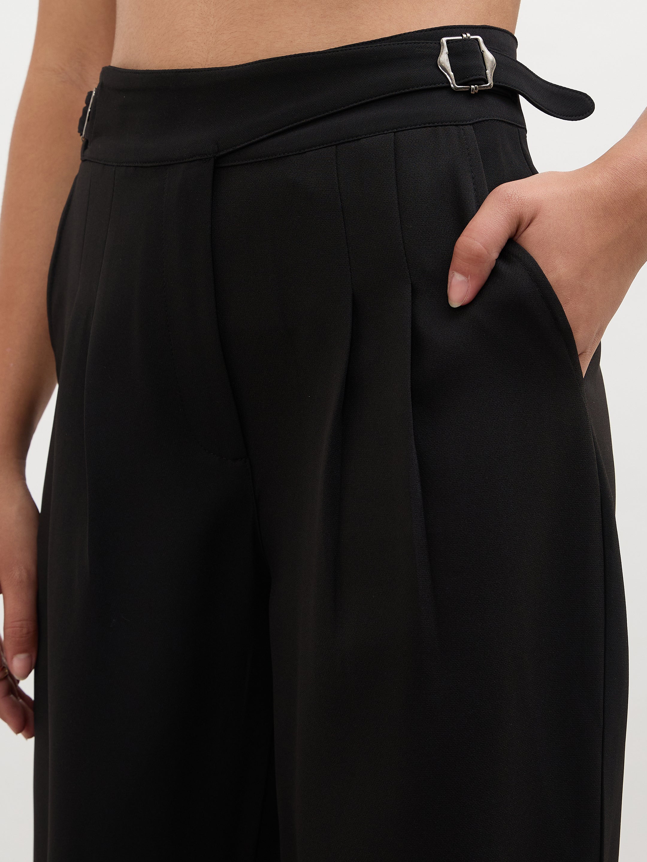 Women Black Double Waist Adjuster Korean Pants