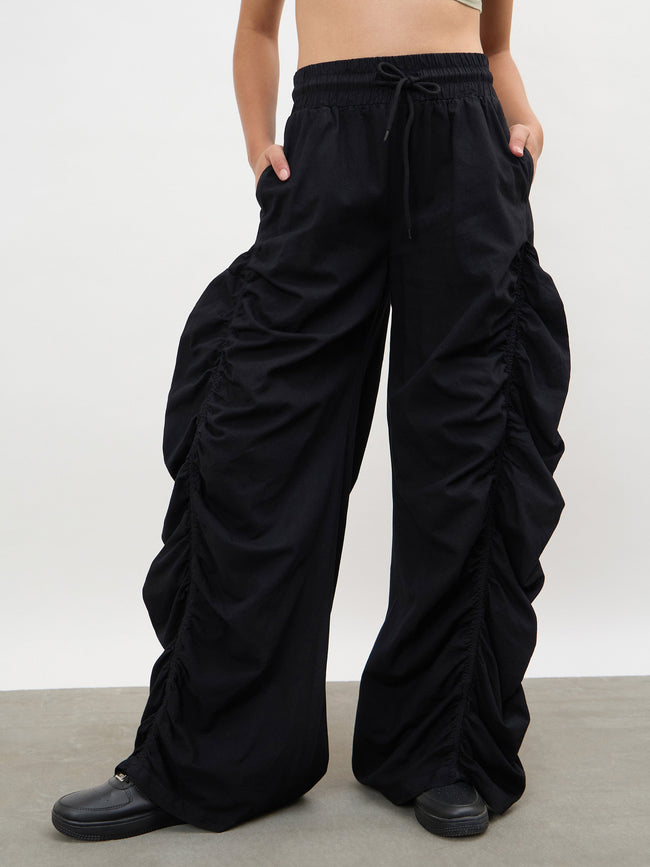Women Black Tencel Side Ruched Balloon Pants