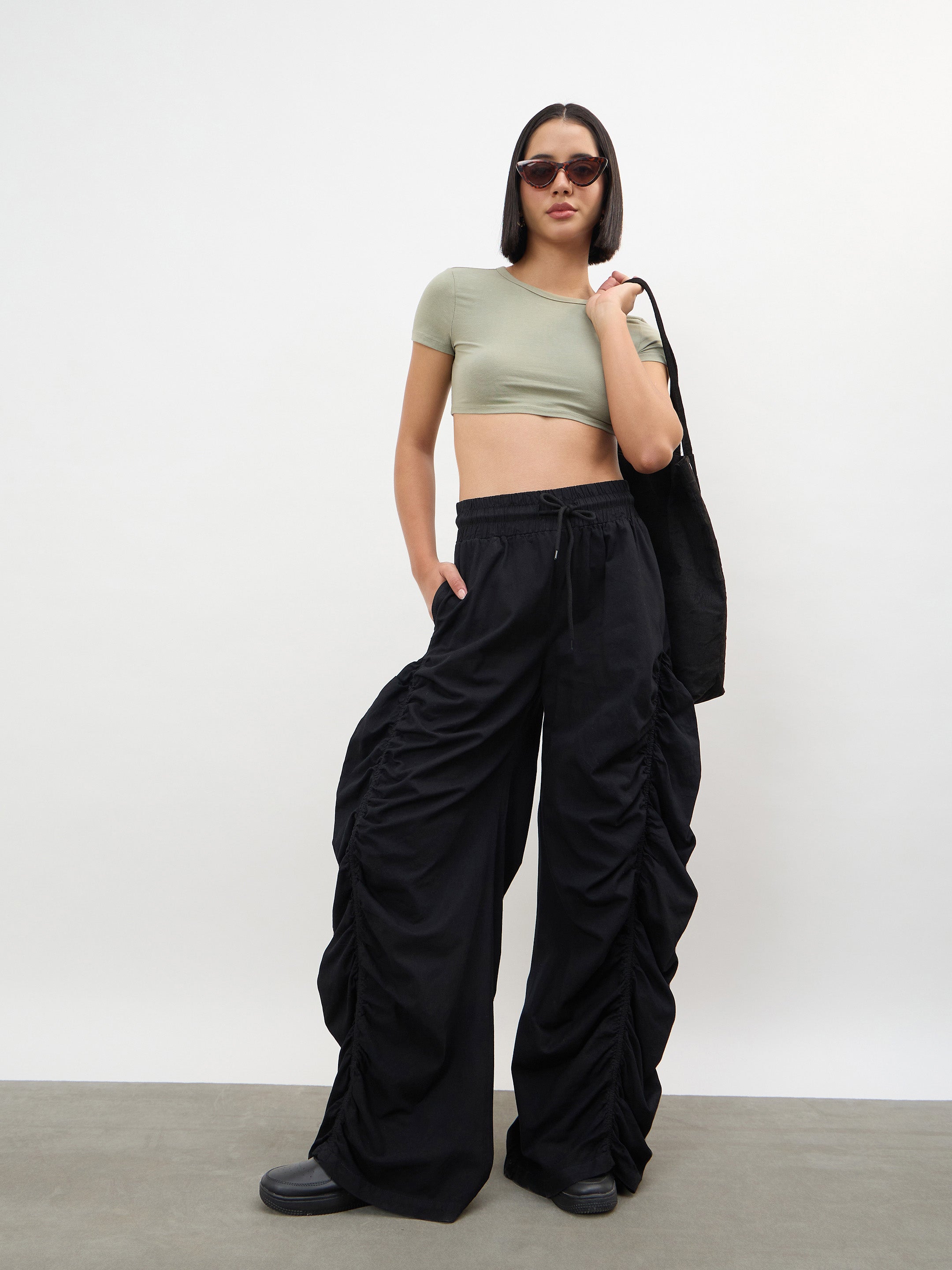 Women Black Tencel Side Ruched Balloon Pants