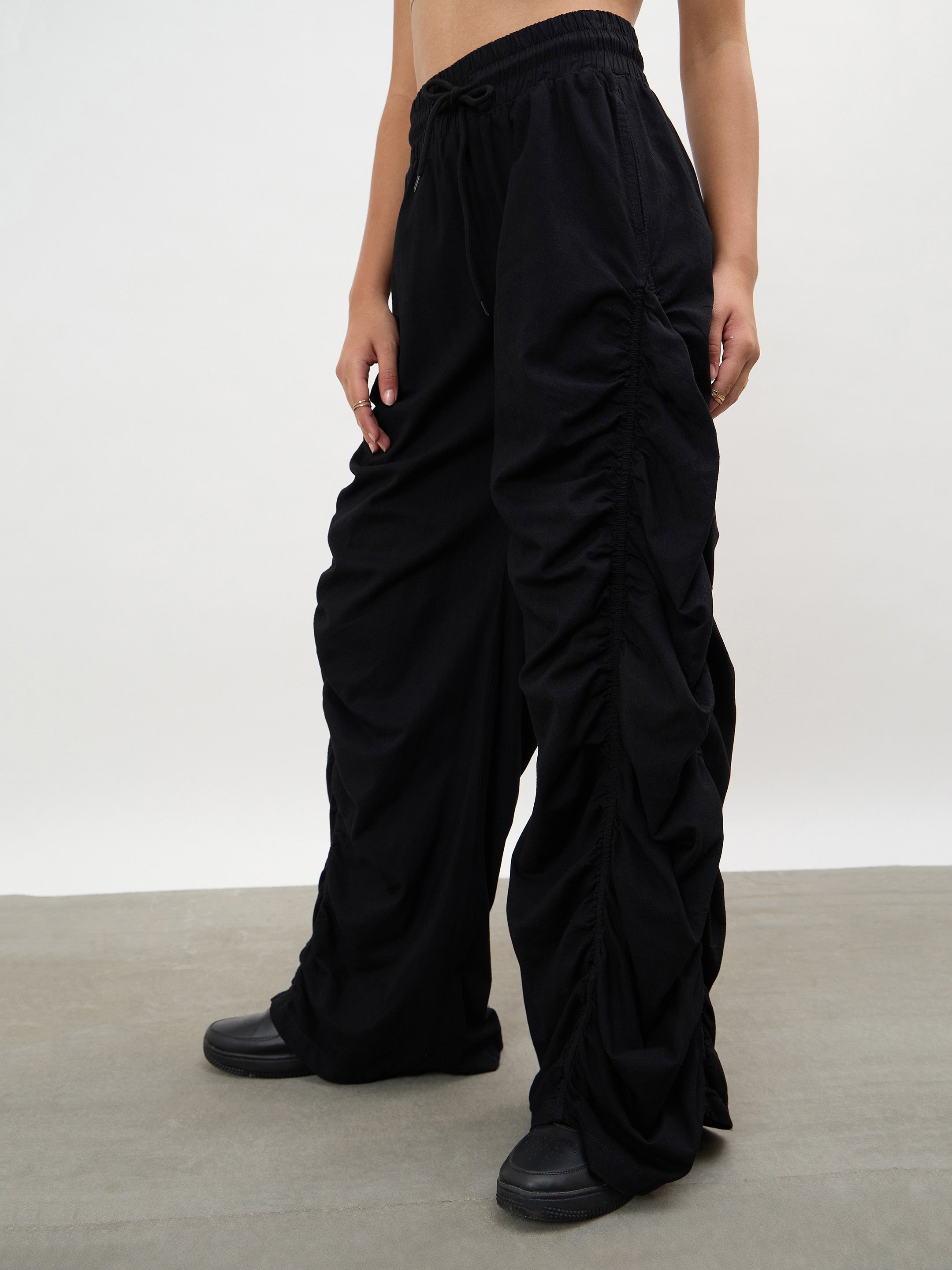 Women Black Tencel Side Ruched Balloon Pants