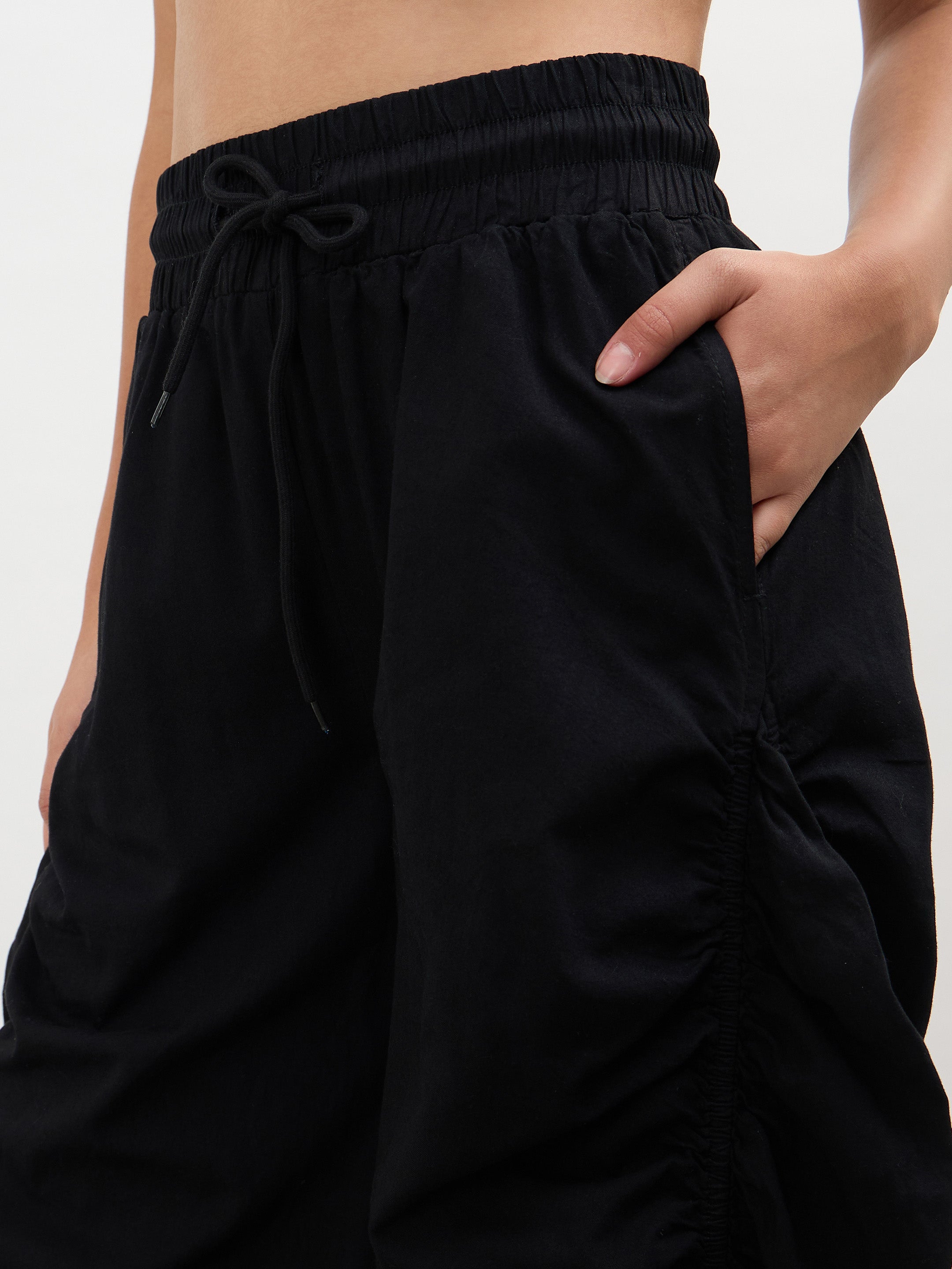 Women Black Tencel Side Ruched Balloon Pants