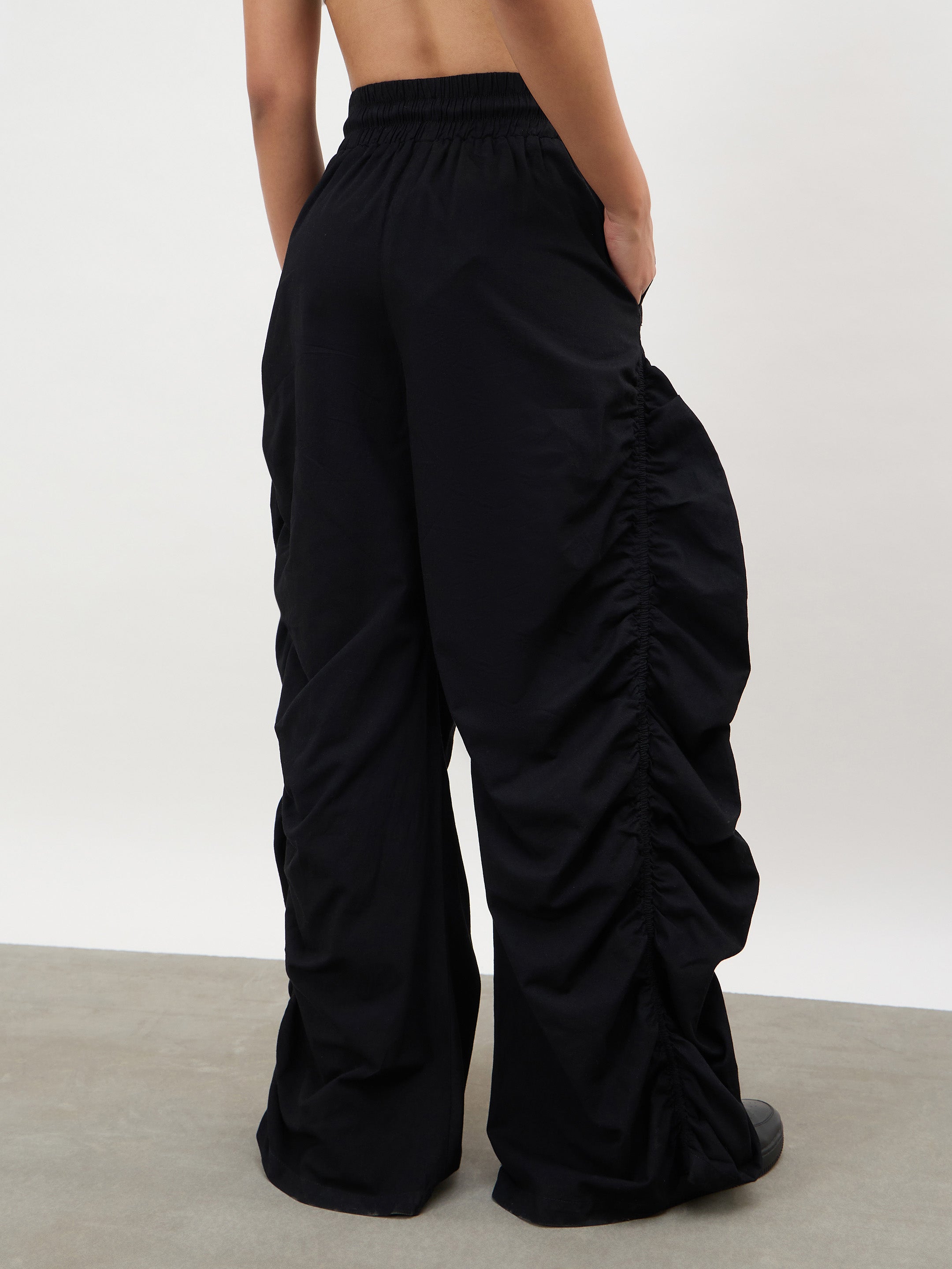 Women Black Tencel Side Ruched Balloon Pants