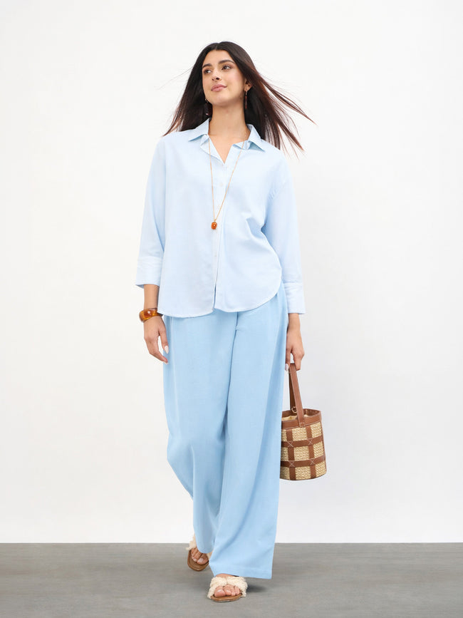Women Blue Wrap Side Pleated Straight Pants