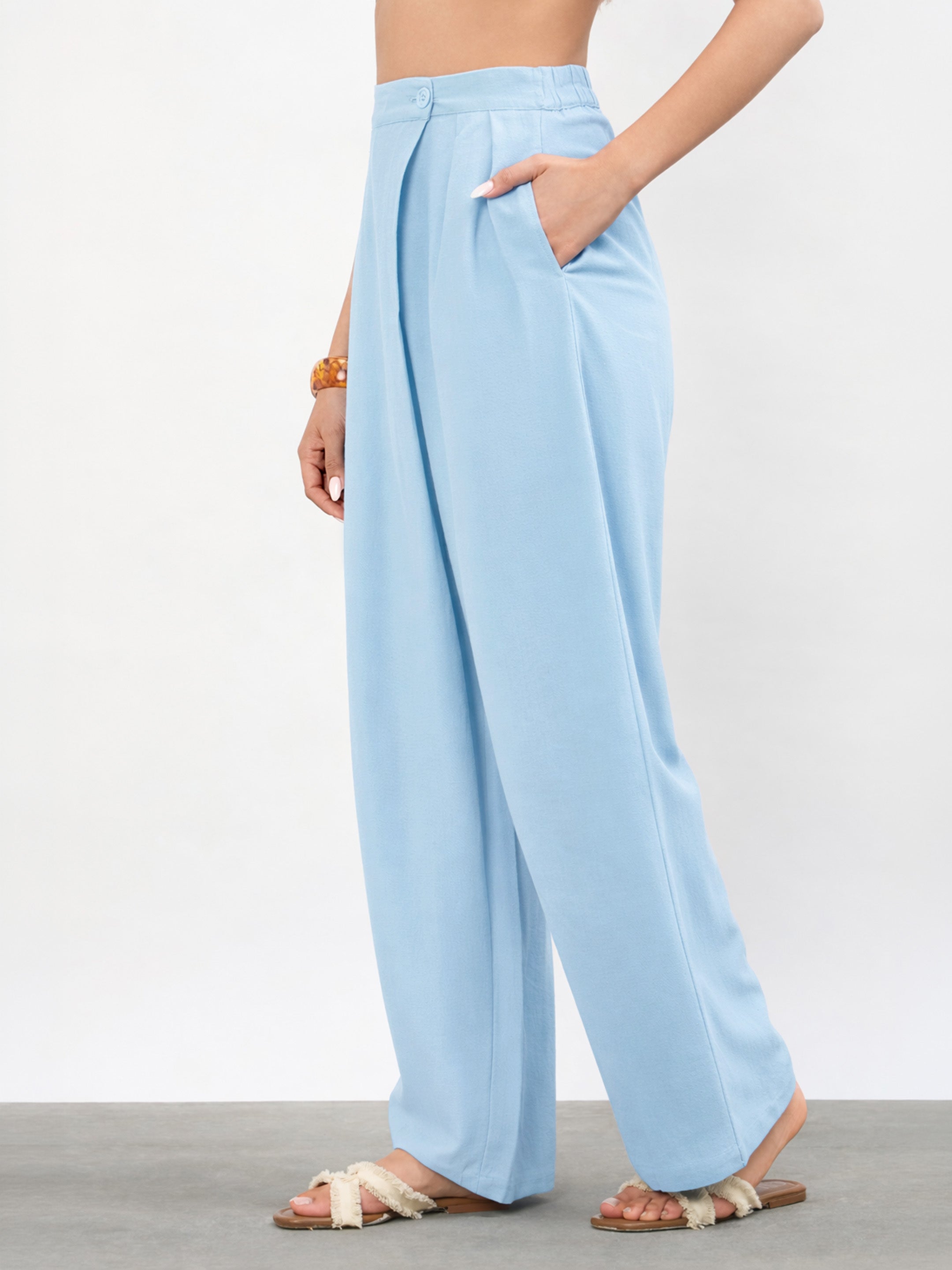 Women Blue Wrap Side Pleated Straight Pants