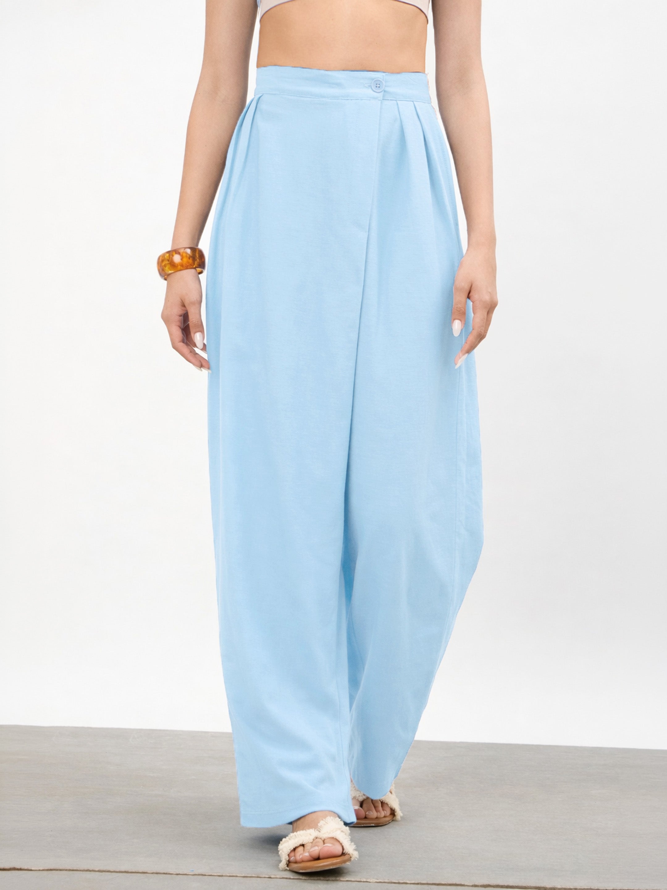 Women Blue Wrap Side Pleated Straight Pants