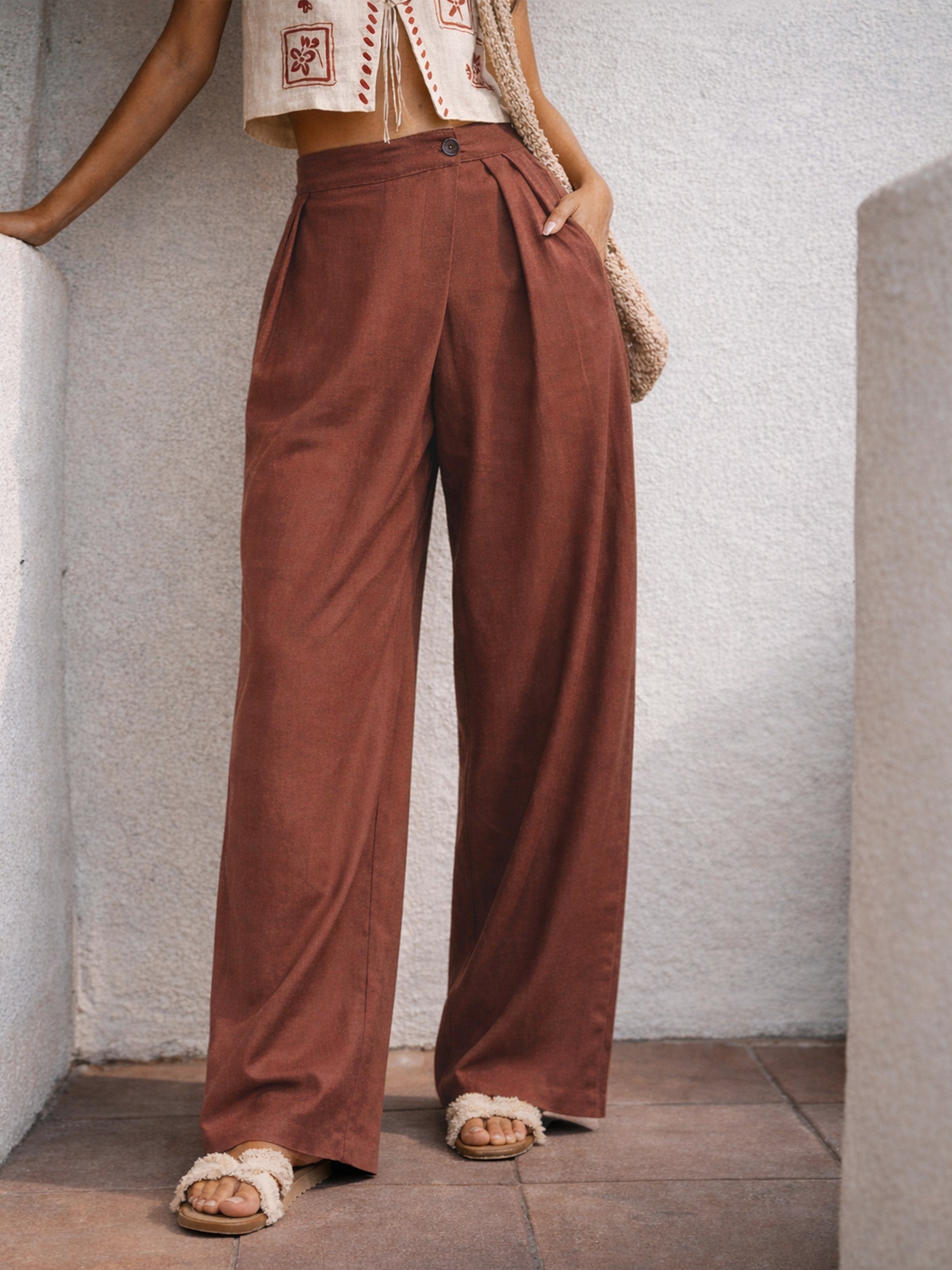 Women Brown Wrap Side Pleated Straight Pants