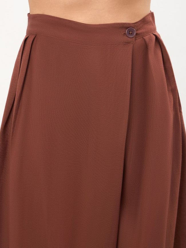 Women Brown Wrap Side Pleated Straight Pants