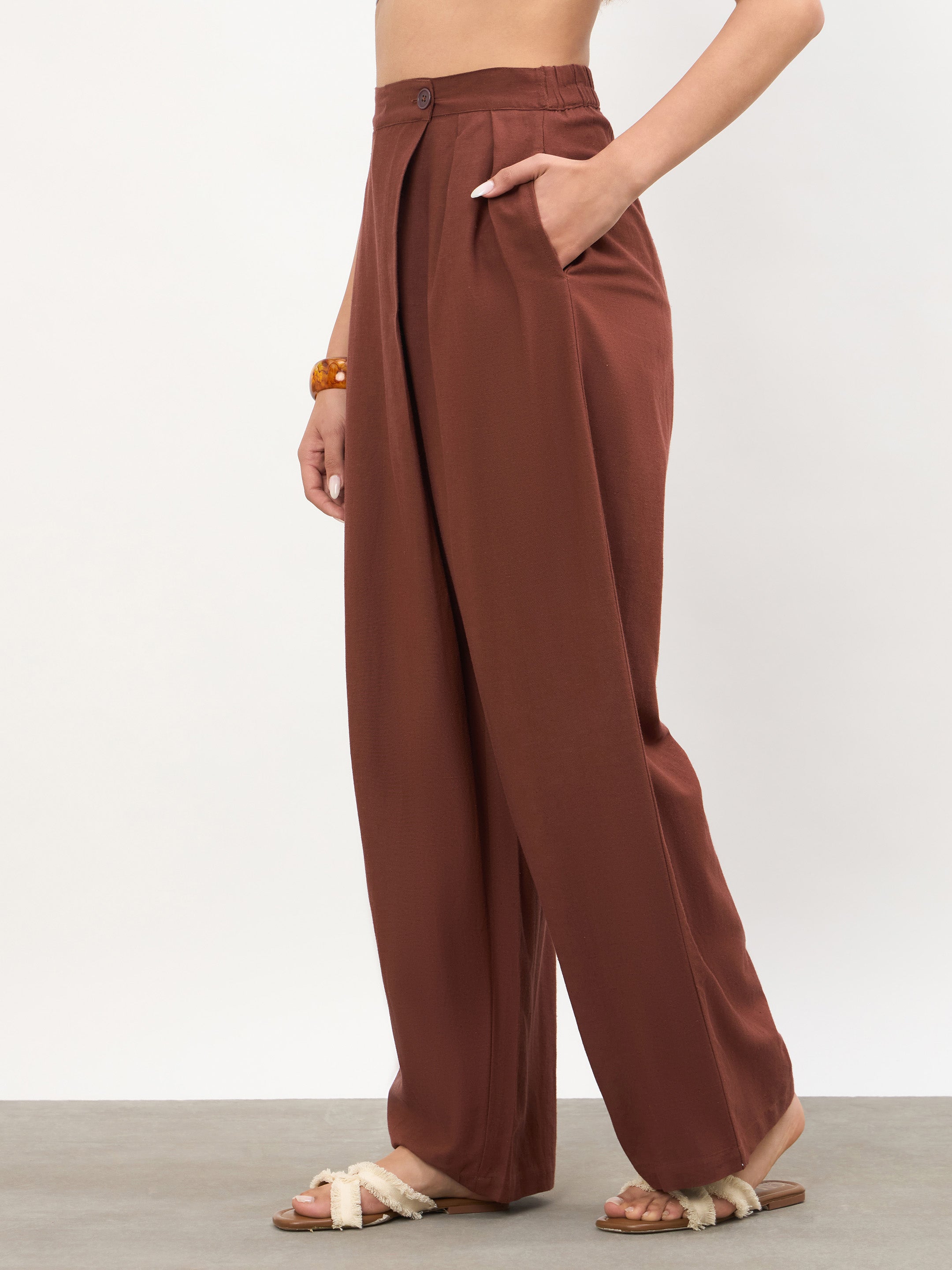 Women Brown Wrap Side Pleated Straight Pants