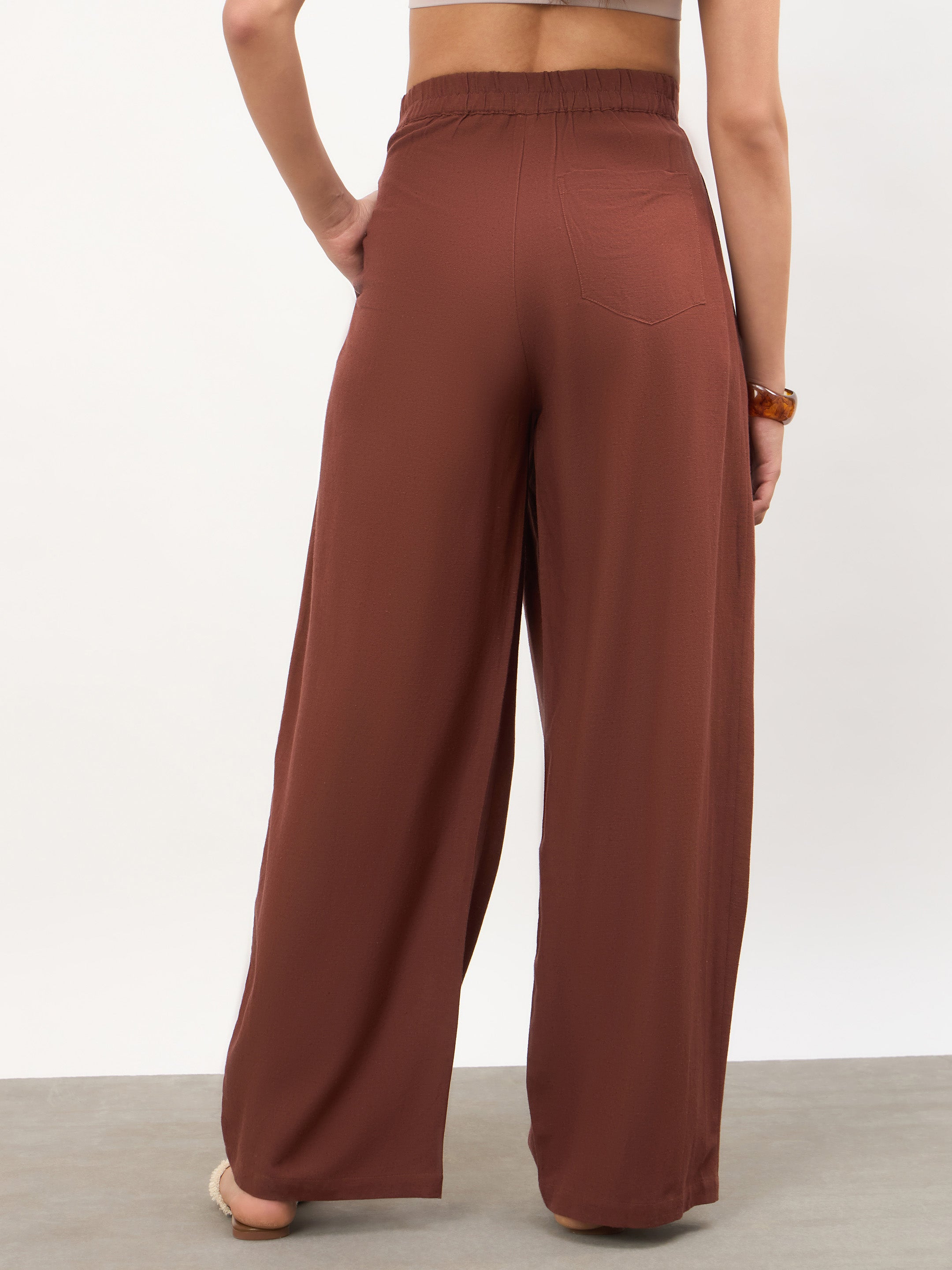 Women Brown Wrap Side Pleated Straight Pants