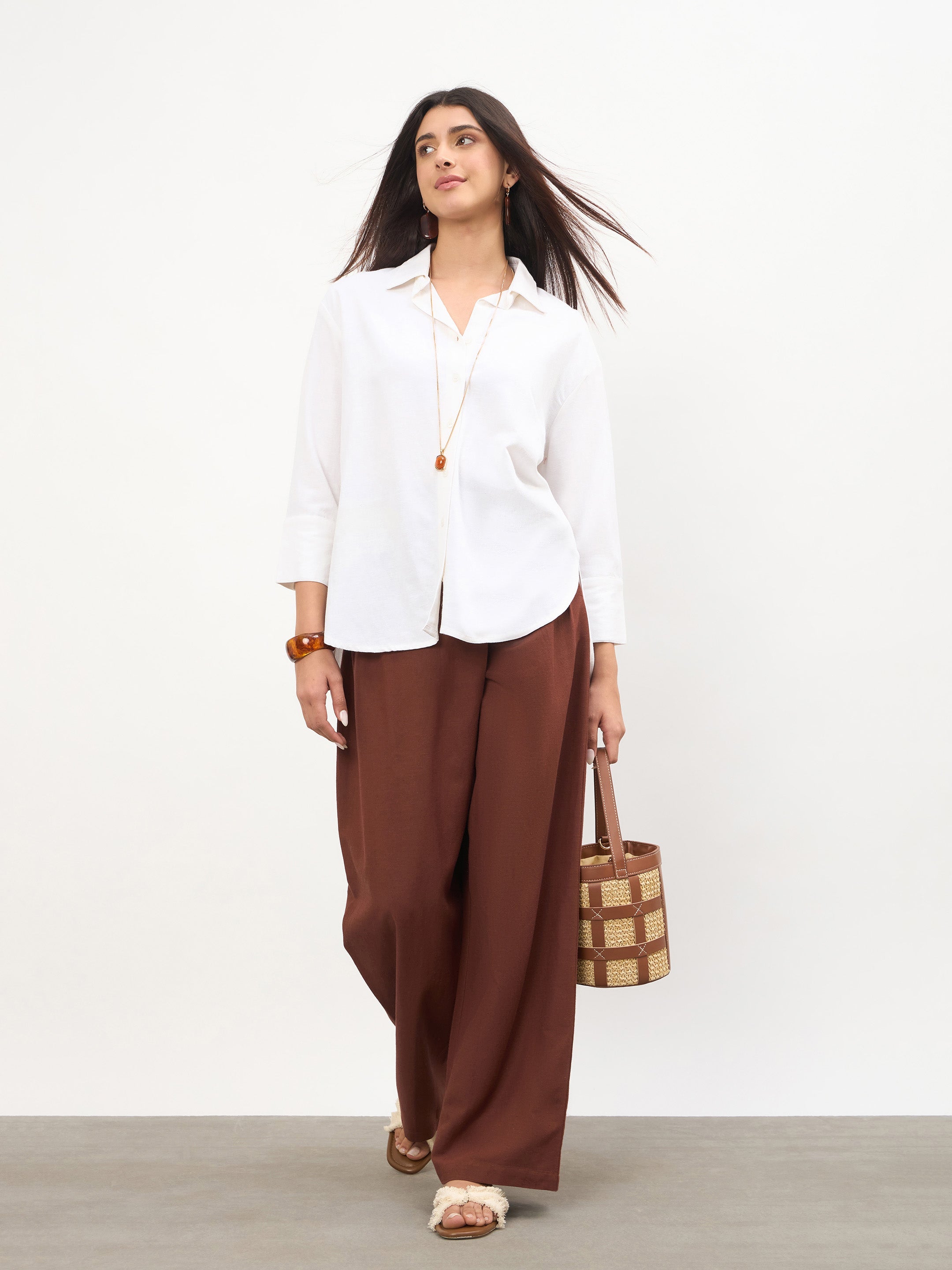 Women Brown Wrap Side Pleated Straight Pants