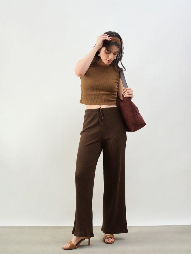 Women Brown Rib Drawstring Pants