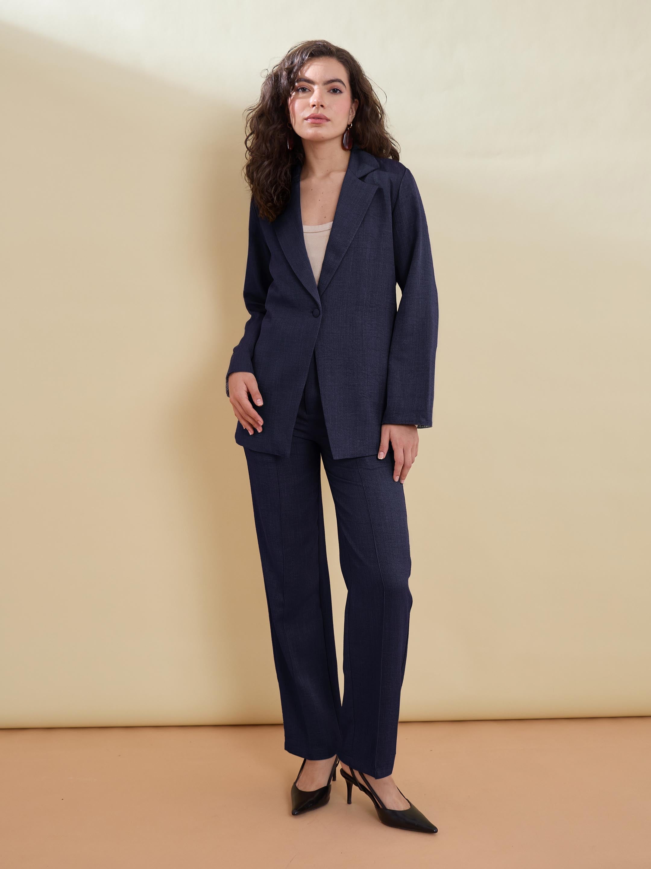 Women Navy Linen Pintuck Straight Pants