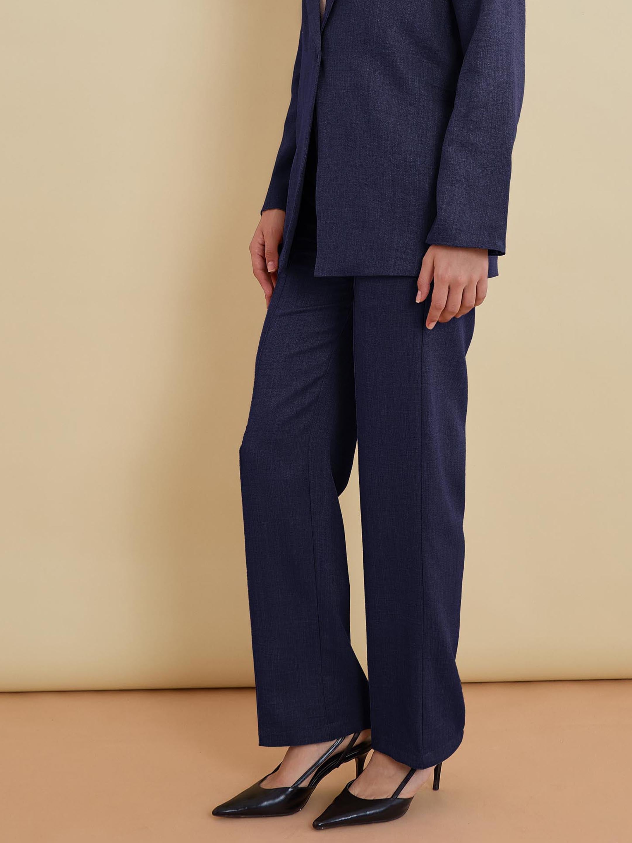 Women Navy Linen Pintuck Straight Pants