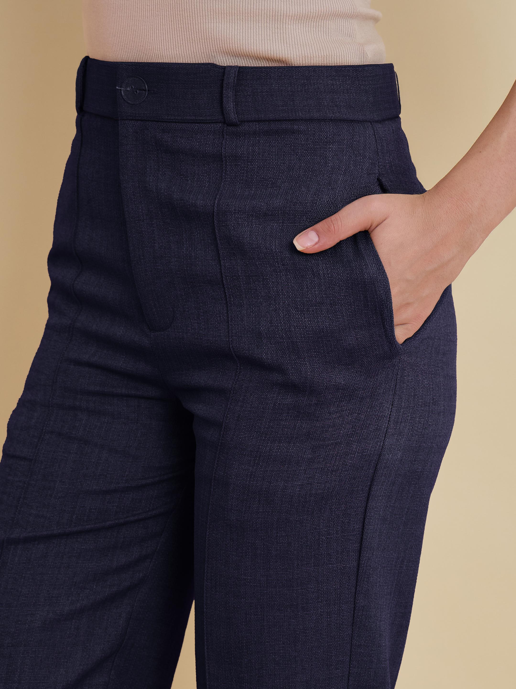 Women Navy Linen Pintuck Straight Pants