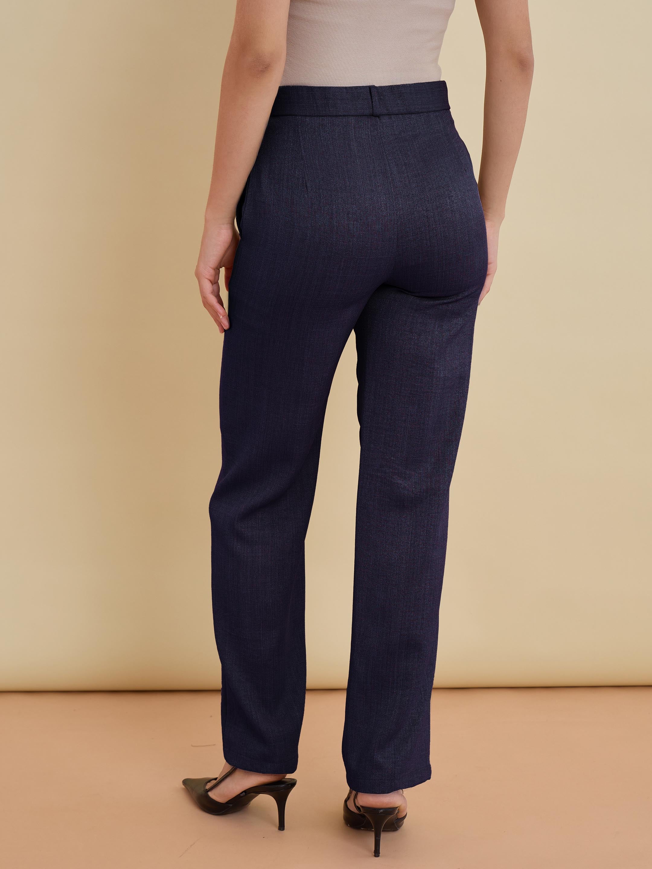 Women Navy Linen Pintuck Straight Pants