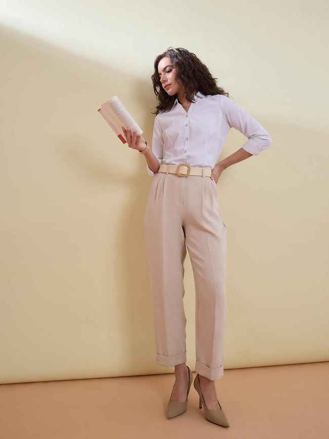 Women Beige Roll Hem Front Pleated Formal Trousers