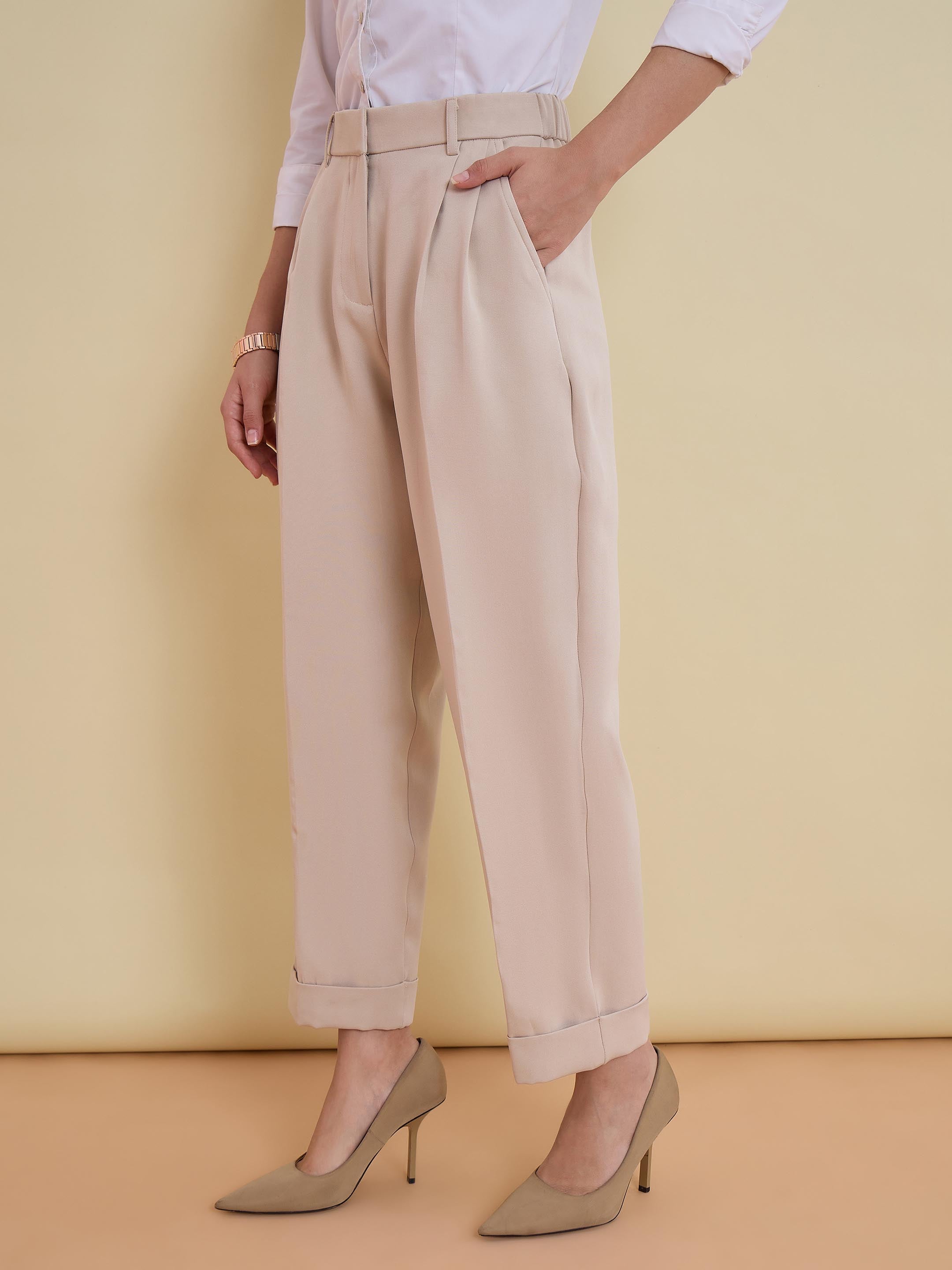 Women Beige Roll Hem Front Pleated Formal Trousers