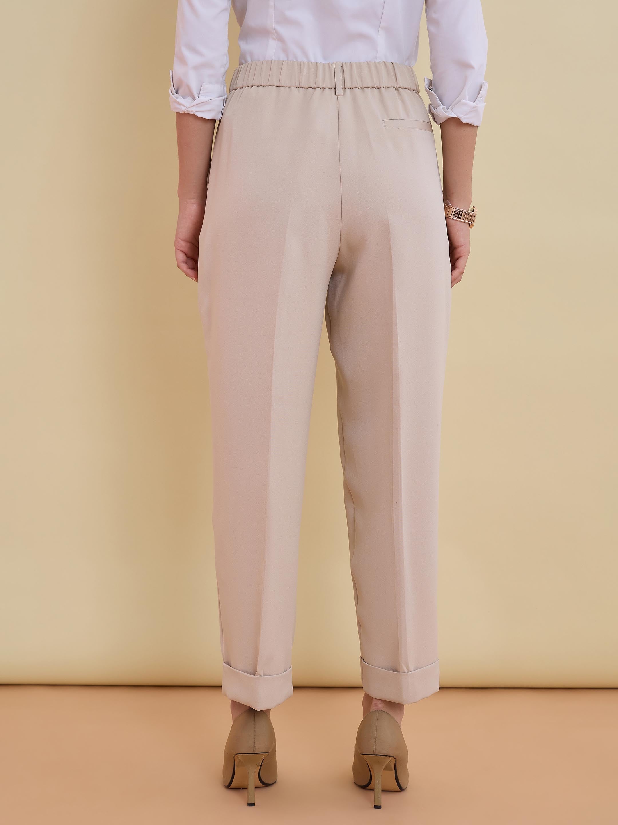 Women Beige Roll Hem Front Pleated Formal Trousers