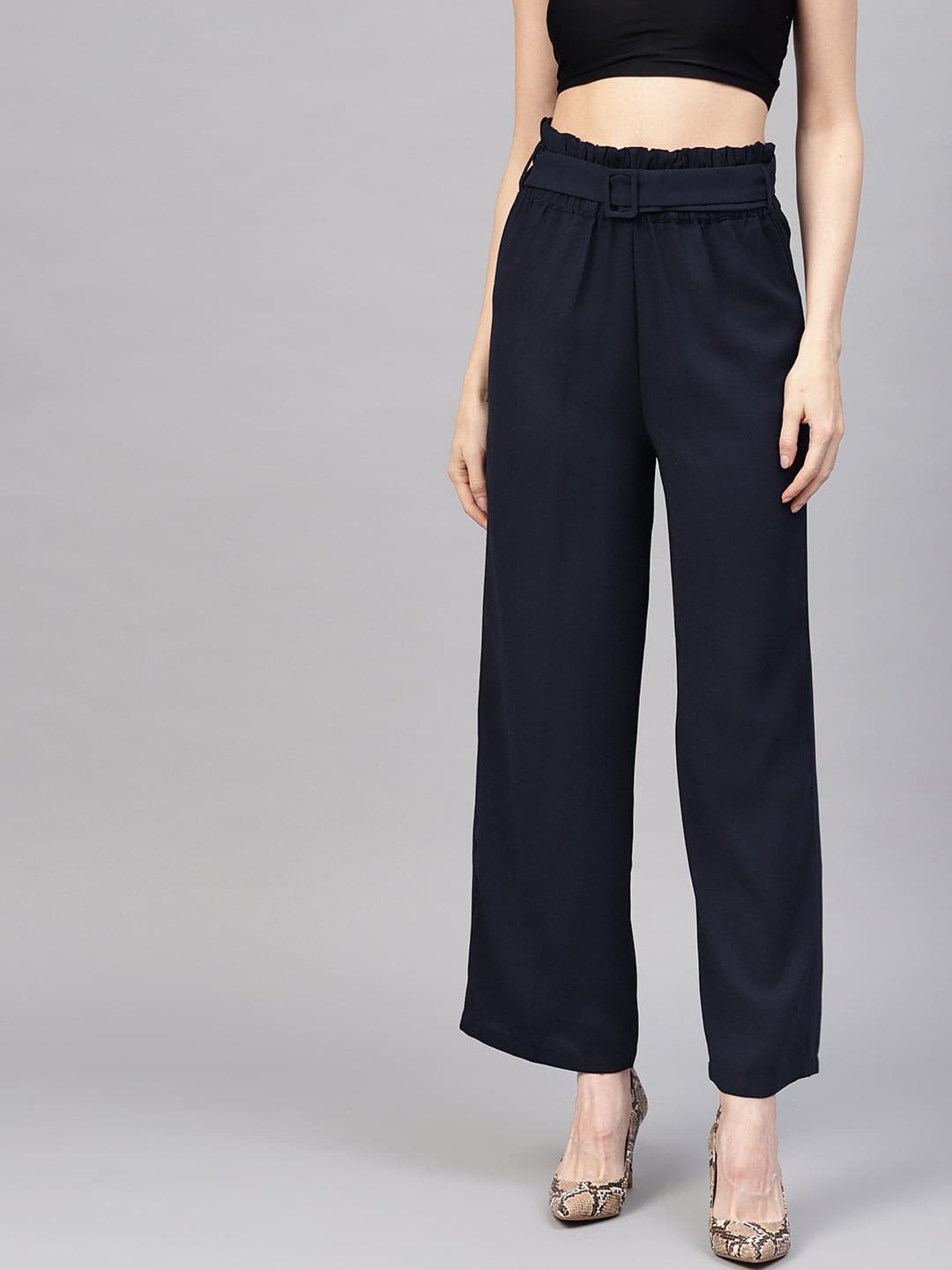 Women Navy Paper Bag Belted Pant