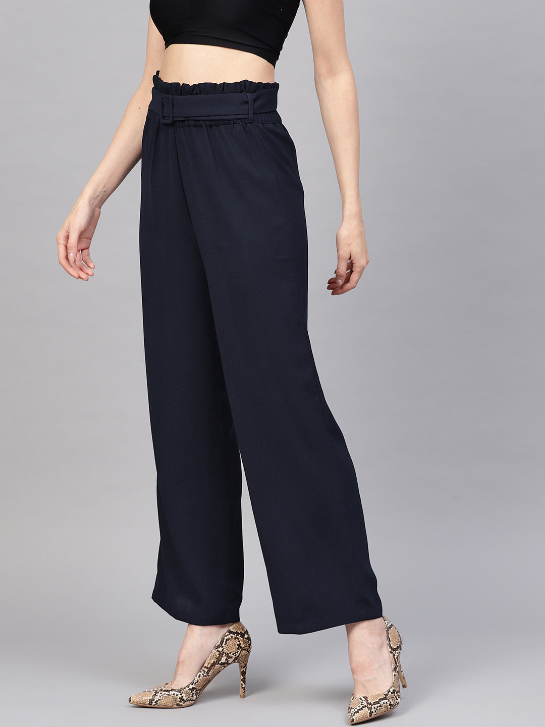 Women Navy Paper Bag Belted Pant