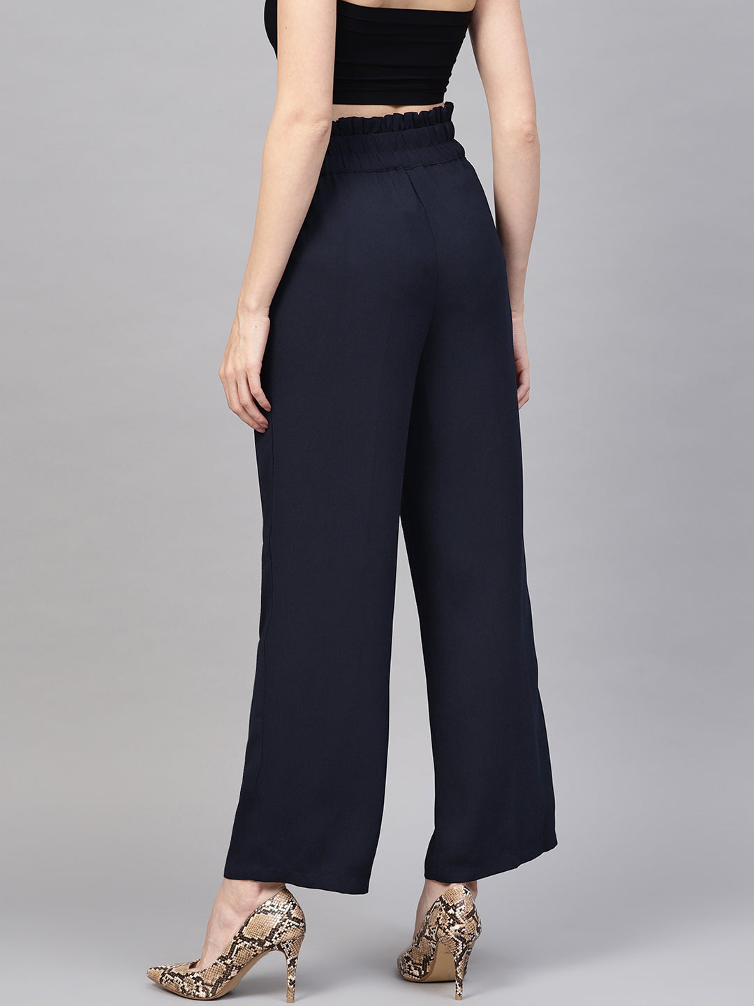 Women Navy Paper Bag Belted Pant