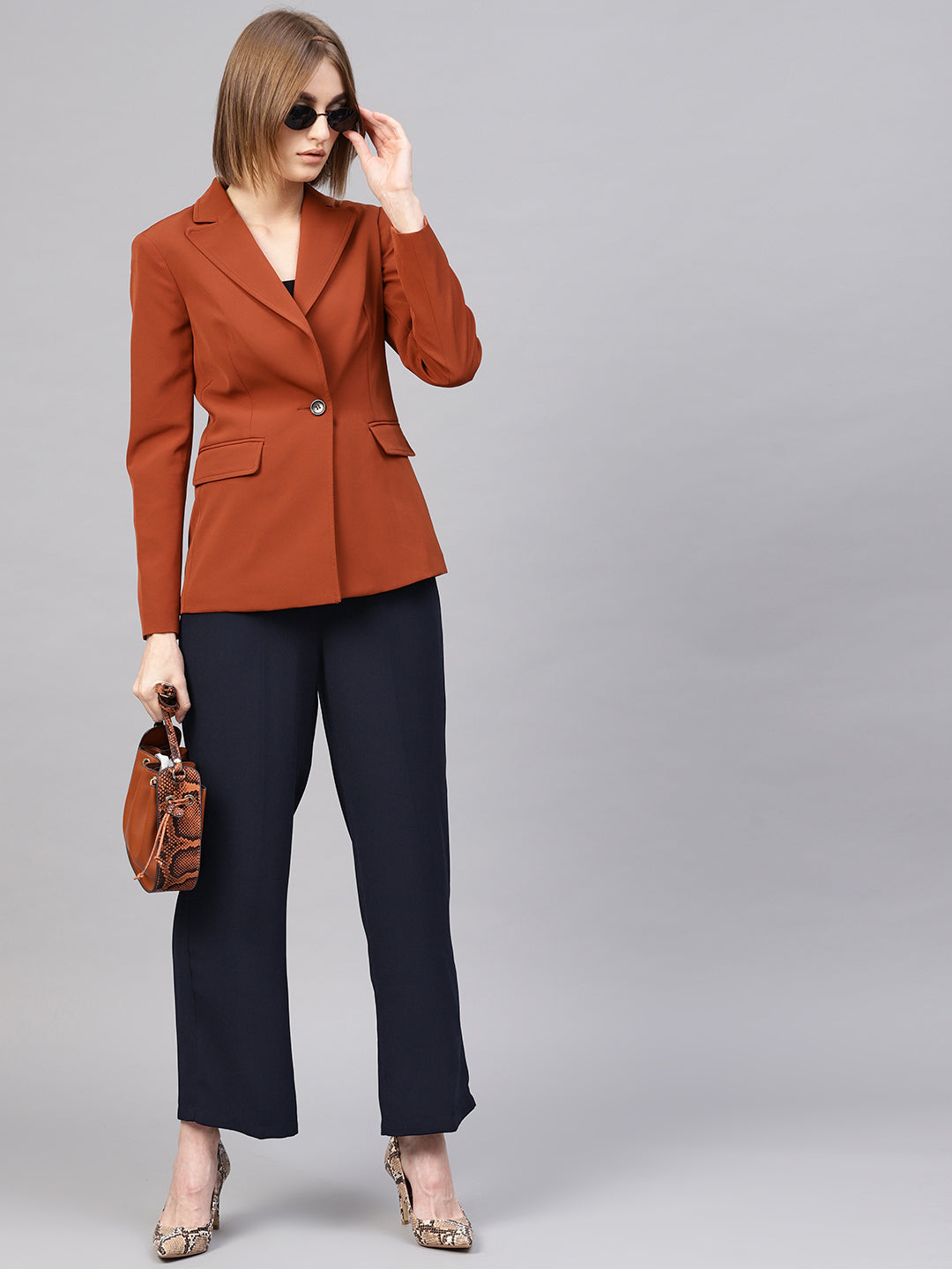 Women Navy Paper Bag Belted Pant