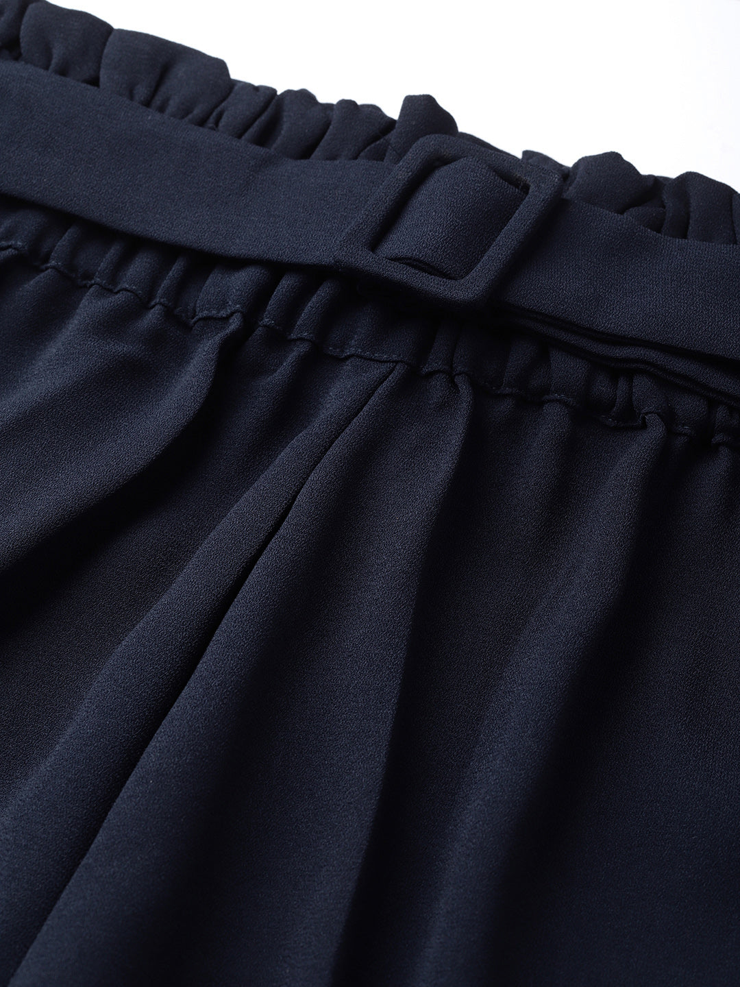 Women Navy Paper Bag Belted Pant