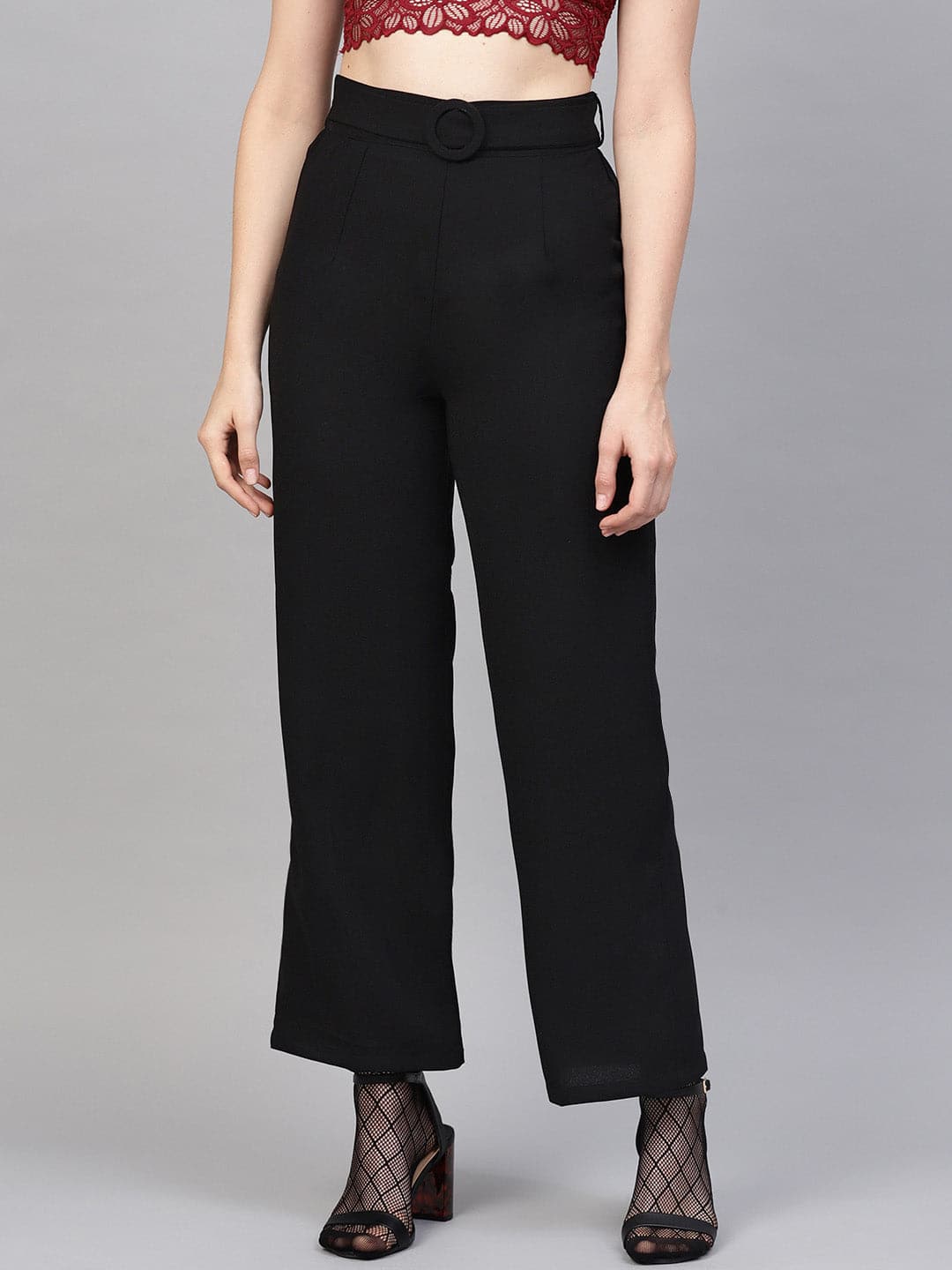 Women Black Flared Buckle Belted Pant