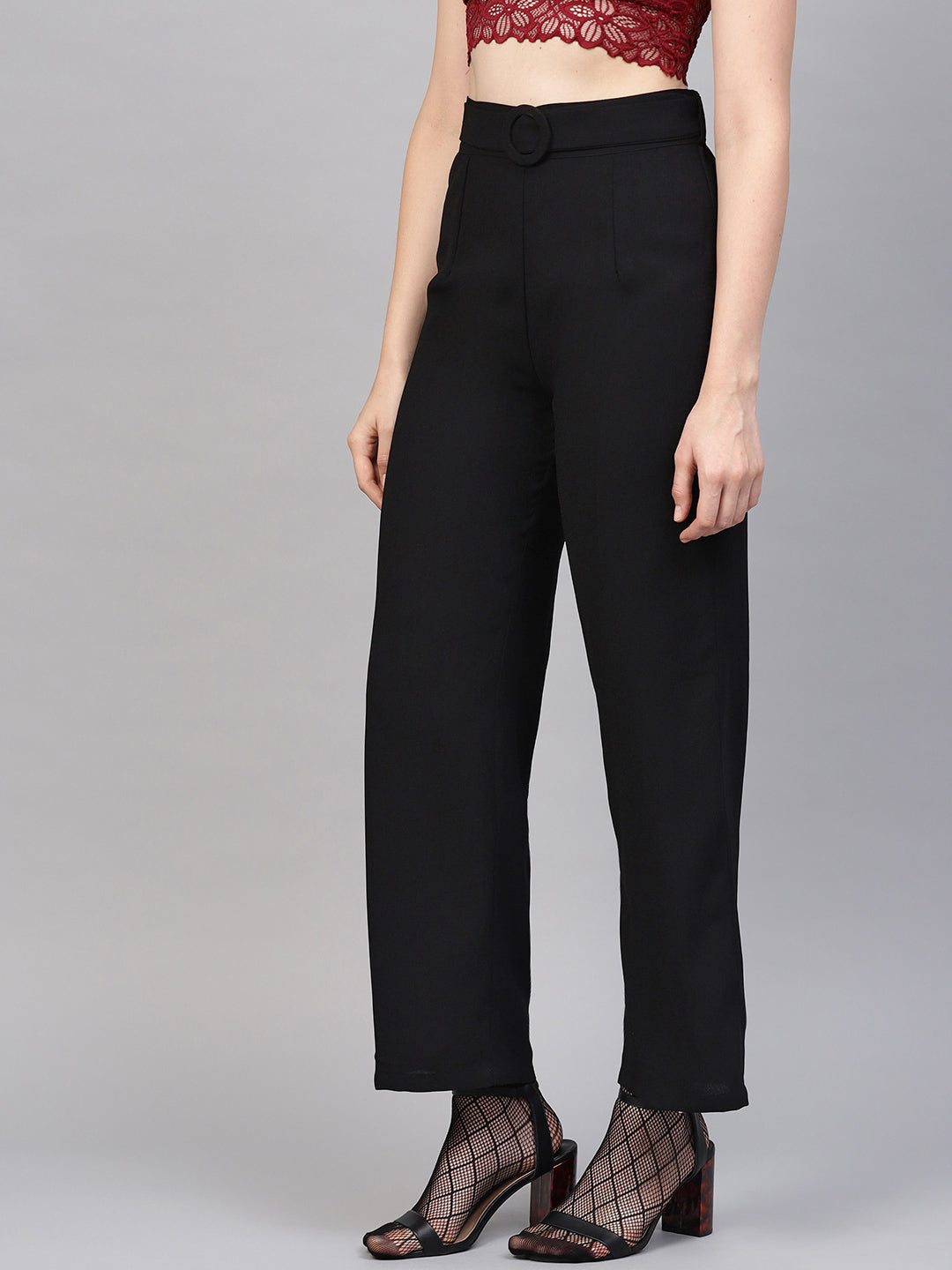 Women Black Flared Buckle Belted Pant