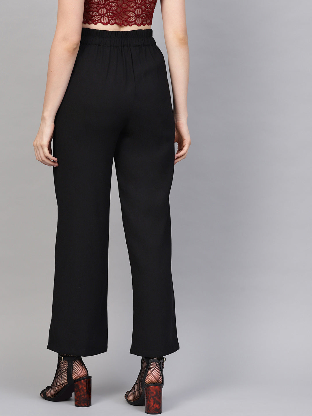 Women Black Flared Buckle Belted Pant