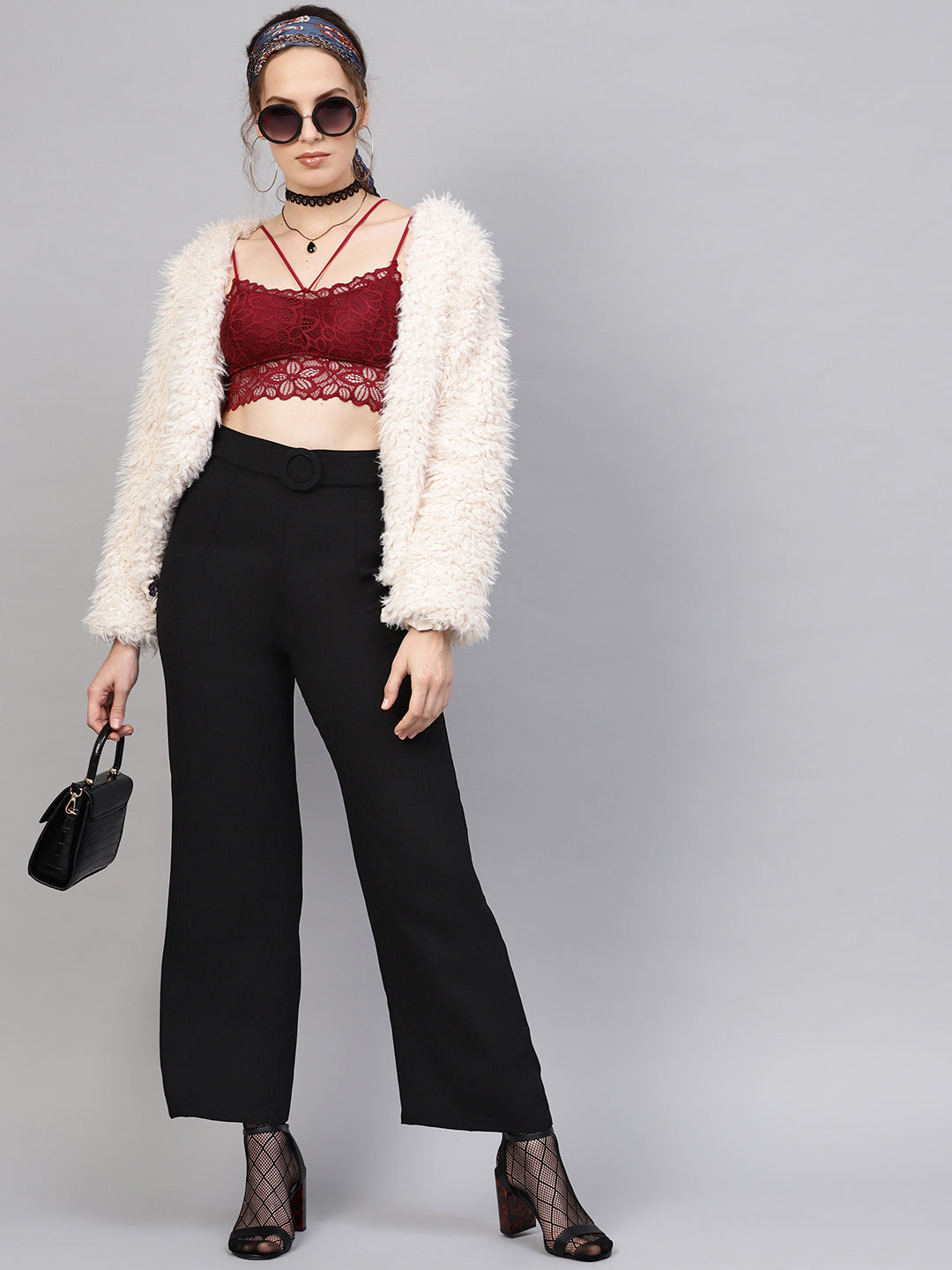 Women Black Flared Buckle Belted Pant