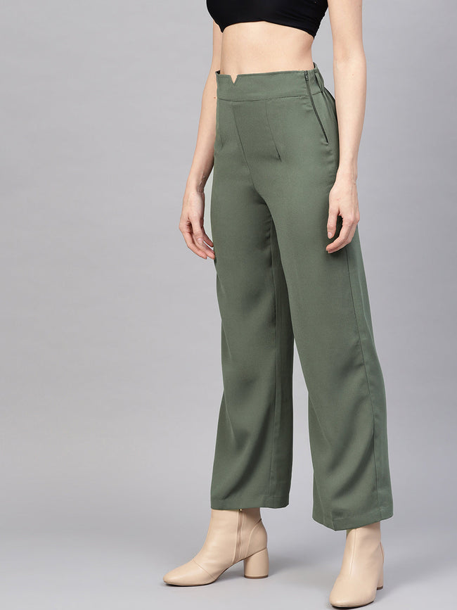Women Olive Side Zipper Pant