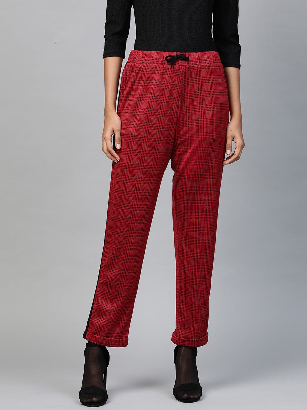 Red Check Side Tape Jacquard Pants-Pants-SASSAFRAS