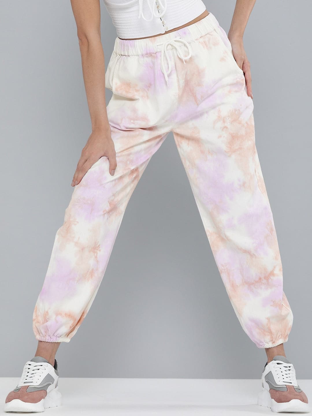 Women Peach & Purple Tie-Dye Twill Joggers