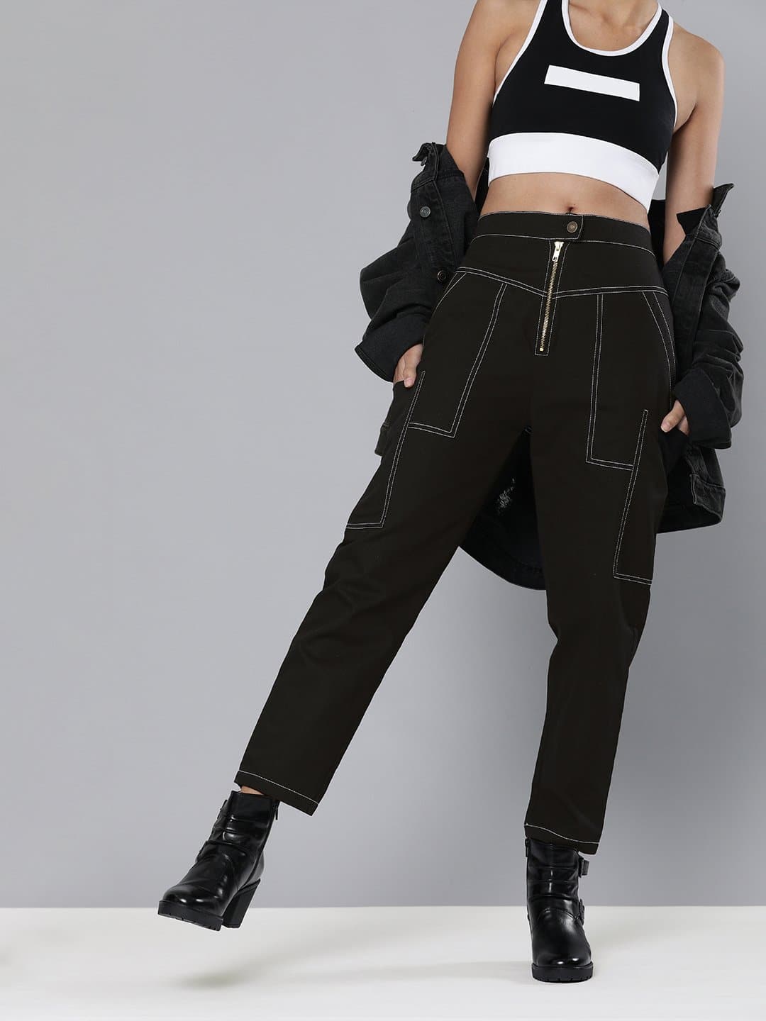 Women Black Contrast Stitch Zipper Fly