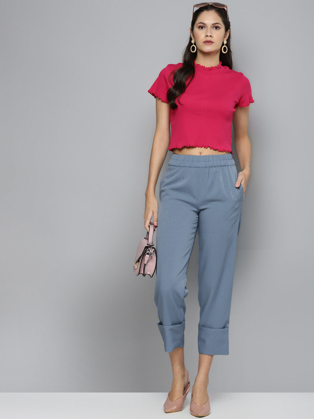 Women Blue Roll Up Pants
