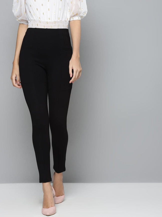 Women Black Back Zipper High Waist Jeggings