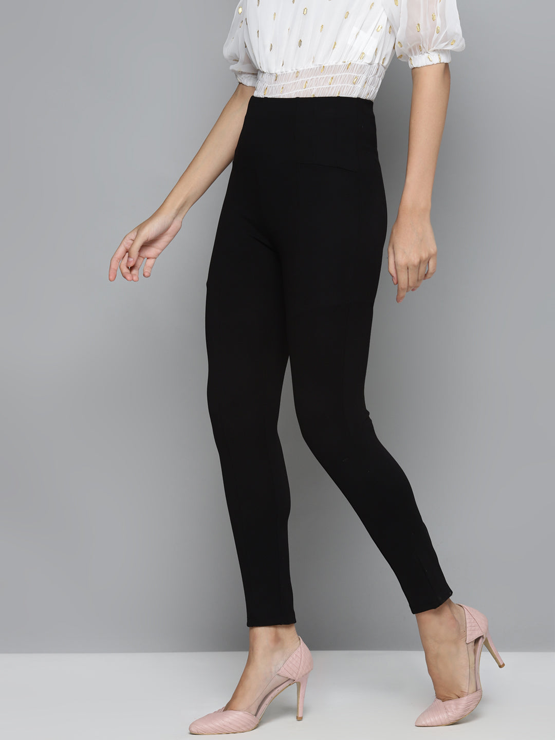 Women Black Back Zipper High Waist Jeggings
