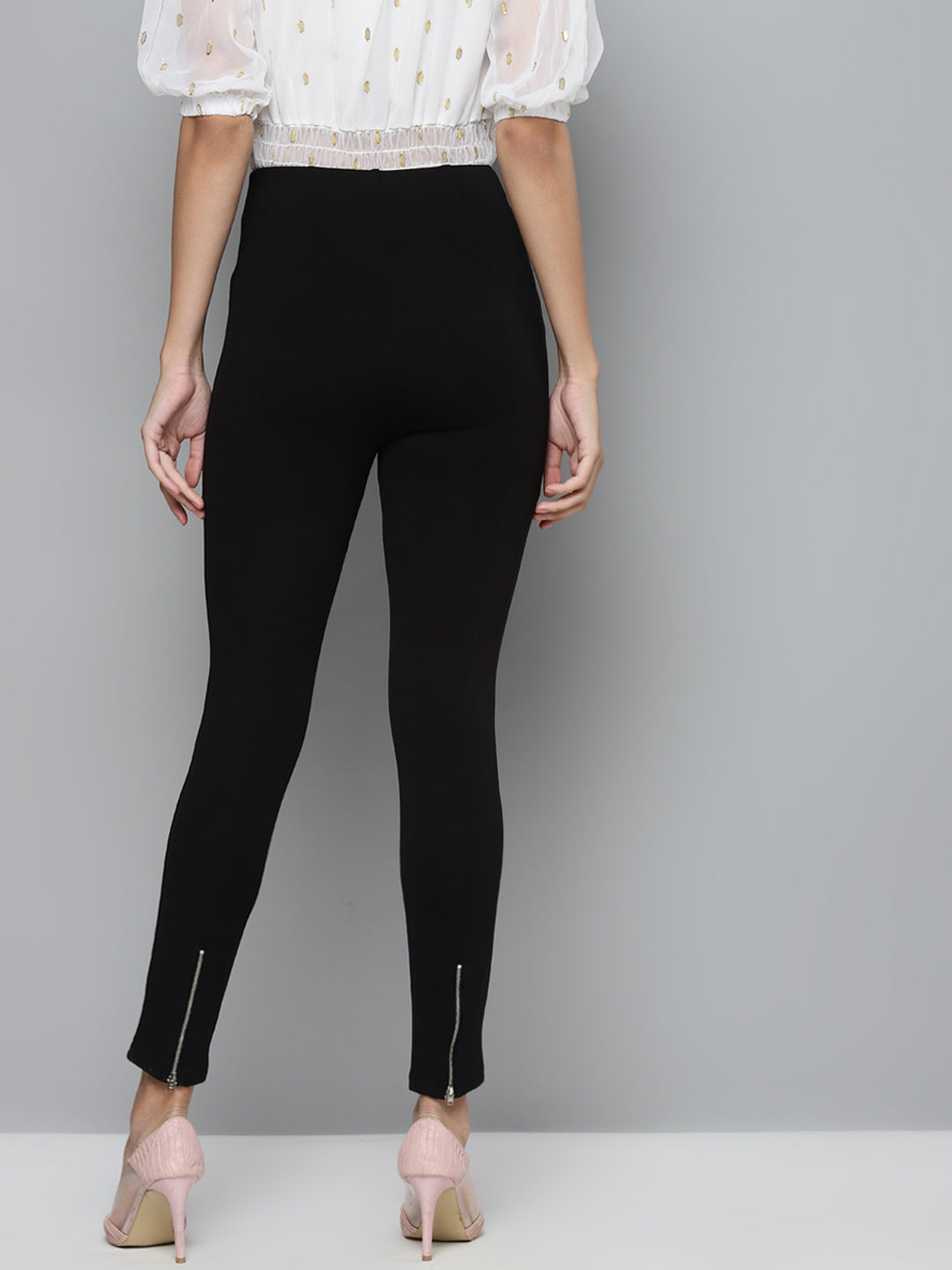 Women Black Back Zipper High Waist Jeggings