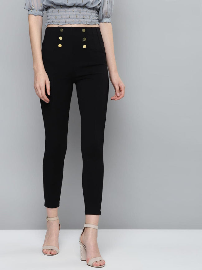 Women Black Front Button High Waist Jeggings