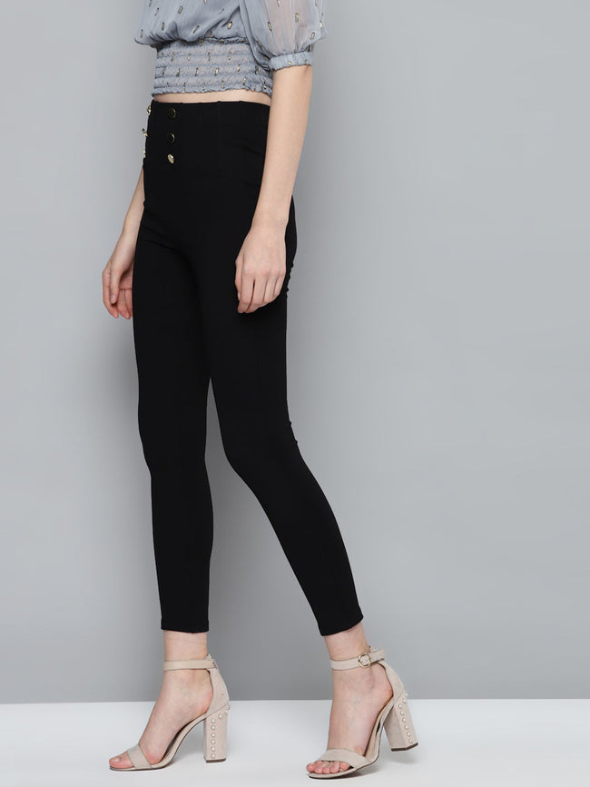 Women Black Front Button High Waist Jeggings