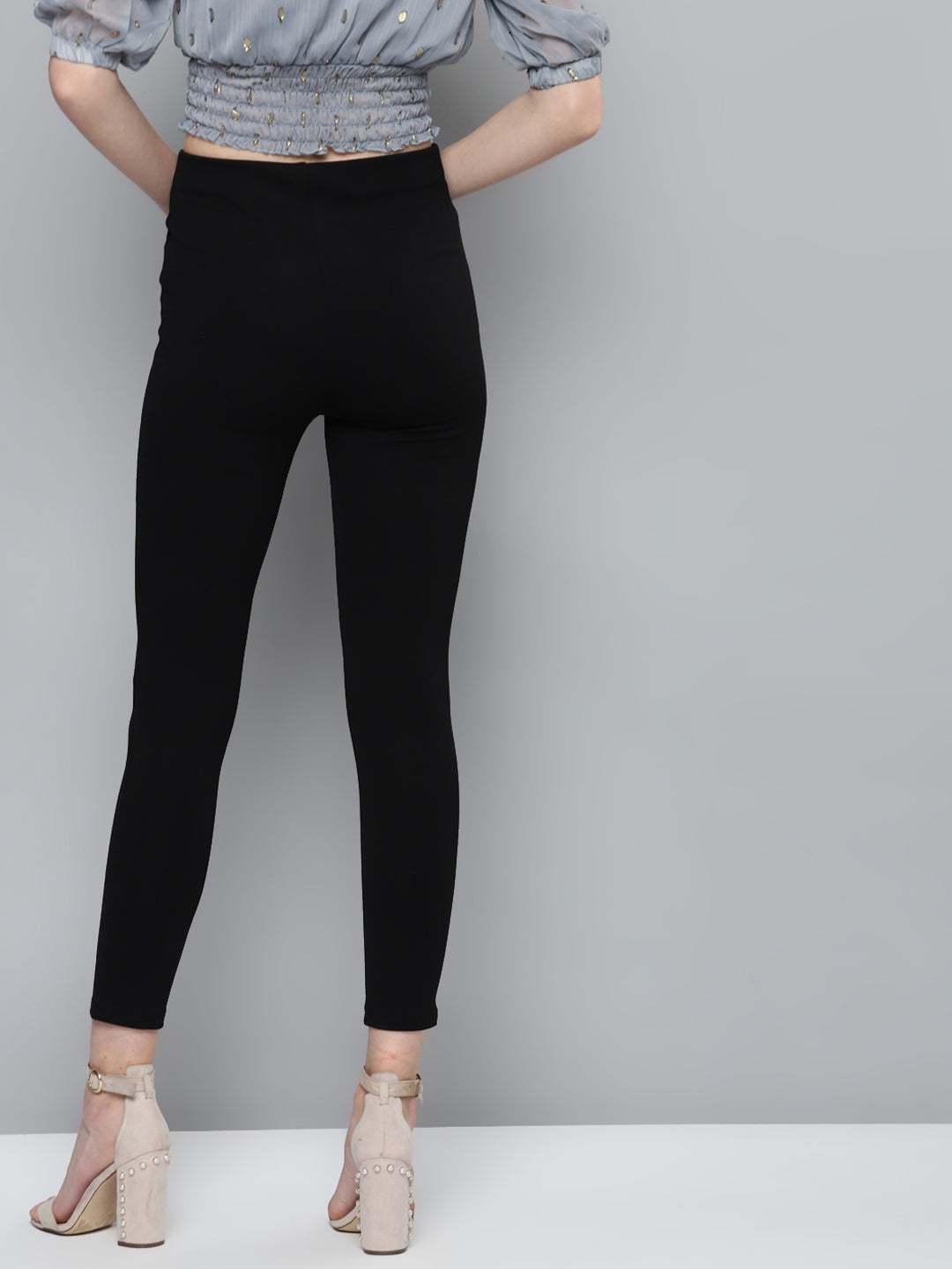Women Black Front Button High Waist Jeggings