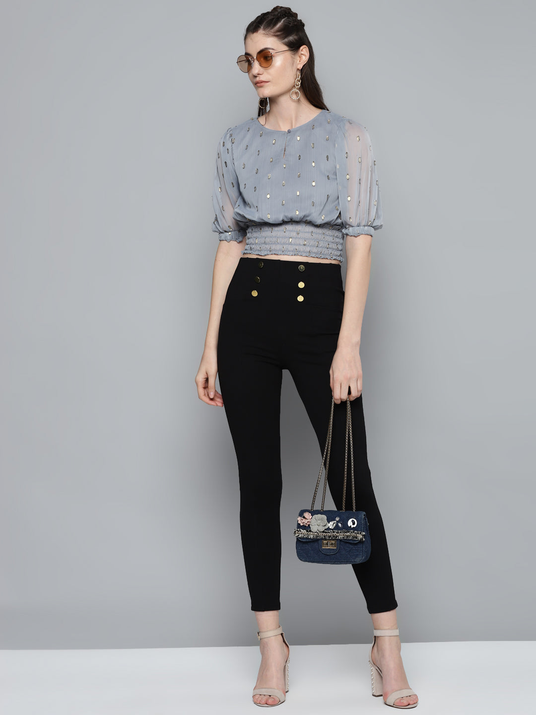 Women Black Front Button High Waist Jeggings