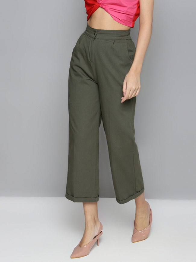 Women Olive Twill Straight Pants