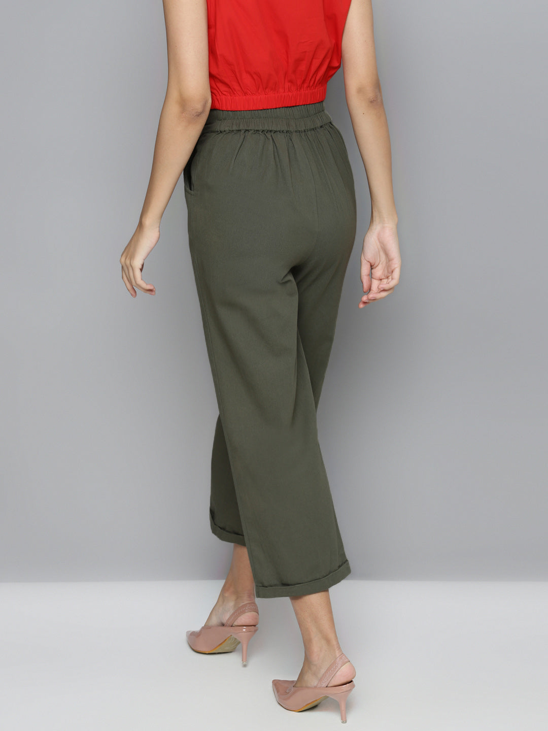 Women Olive Twill Straight Pants