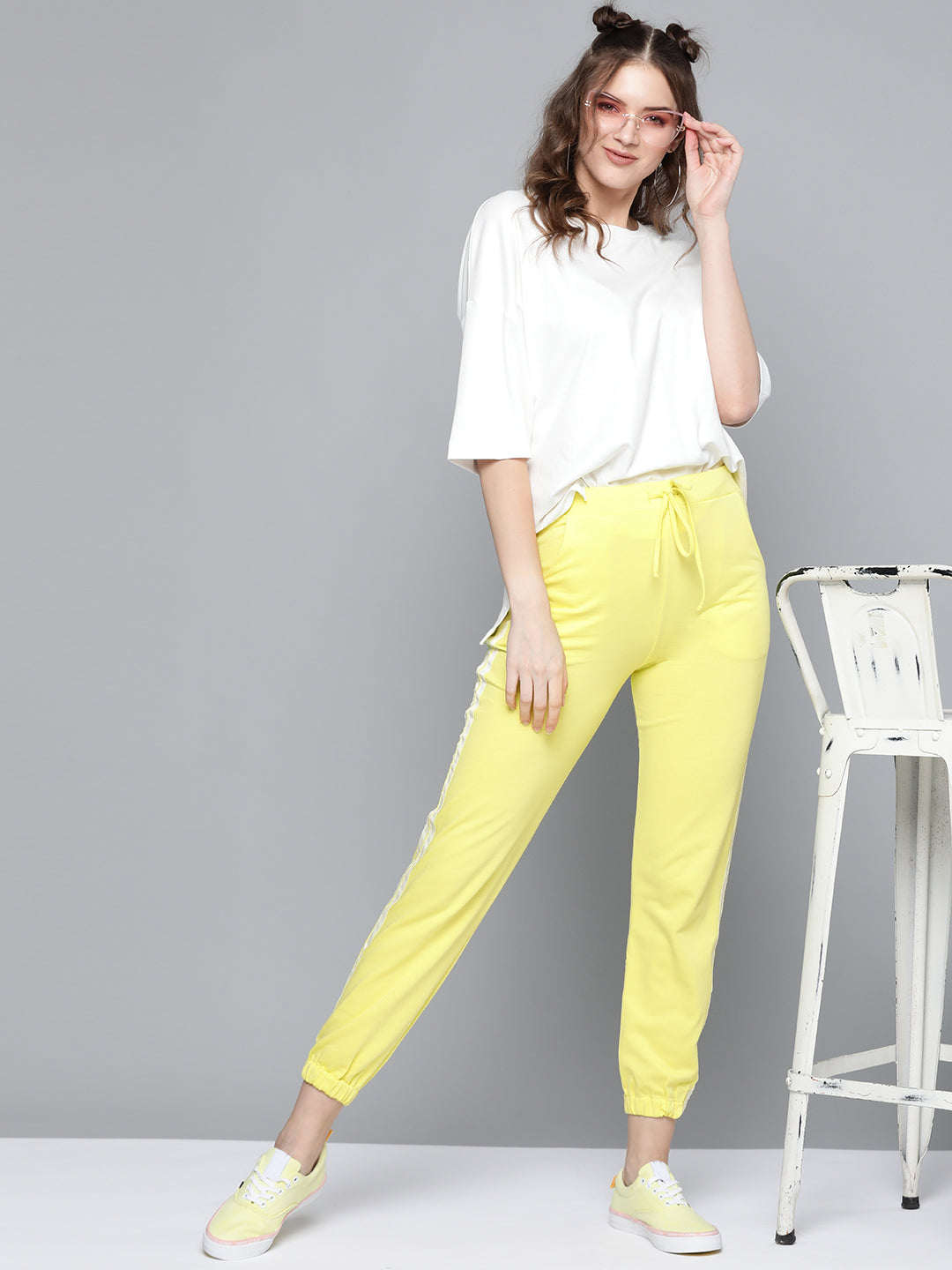 Women Yellow Double Side Tape Joggers