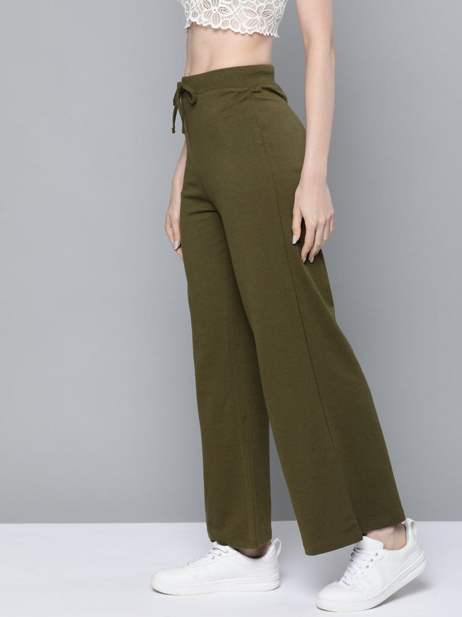 Women Olive Terry Drawstring Wide Leg Pants